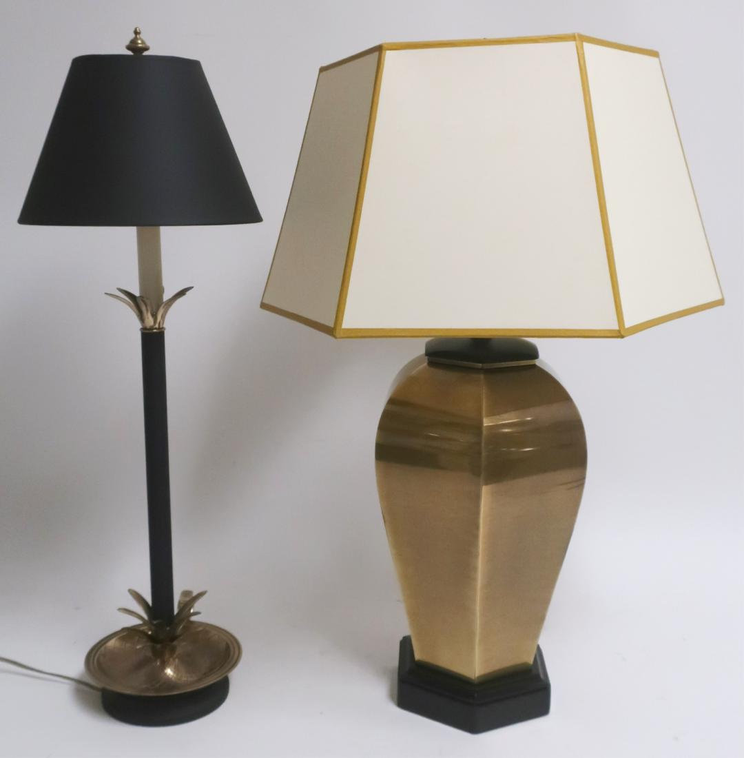 2 Frederick Cooper Brass Table Lamps: 2 Frederick Cooper Brass Tablen Lamps, includes a Ginger Jar style and a Pineapple candlestick Ginger Jar: 30"H to top of finial, tall Pineapple candlestick: 20"W shade, 29"H x 10"W GORM6154/4 MM