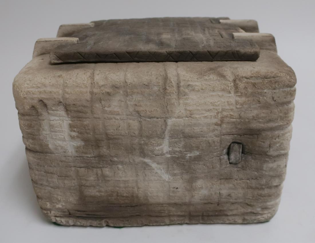 Robert Sieminski - Art Pottery Vessel: "Raku Box With #21". Square form, four slot lid, incised grid design, inner rods lining held together with two interwoven lines of twine.\ 7 1/8"H x 10 x 10 LDI6353 JP