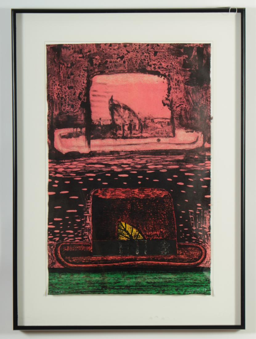Aaron Fink, Double Hats Woodcut/litho, 1987: Aaron Fink (American B. 1955). Double Hats Woodcut and lithograph. Signed lower right. Dated 1987, edition 16/30 Provenance:1990, Vinalhaven Press, NY, NY & Vinalhaven, ME 38.5 x 24.5 Framed: 49.5 x 3