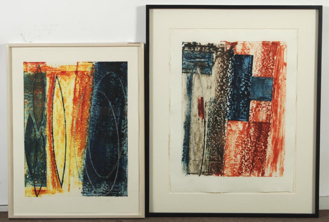 Larry Brown, Am., 2 Monoprints, 1989: Larry Brown (American B. 1942) Untitled III and III Abstract Red Blue, monoprints. Signed/initialed lower right. 34 x 27, 34 x 27 MTHM5325/2 MM