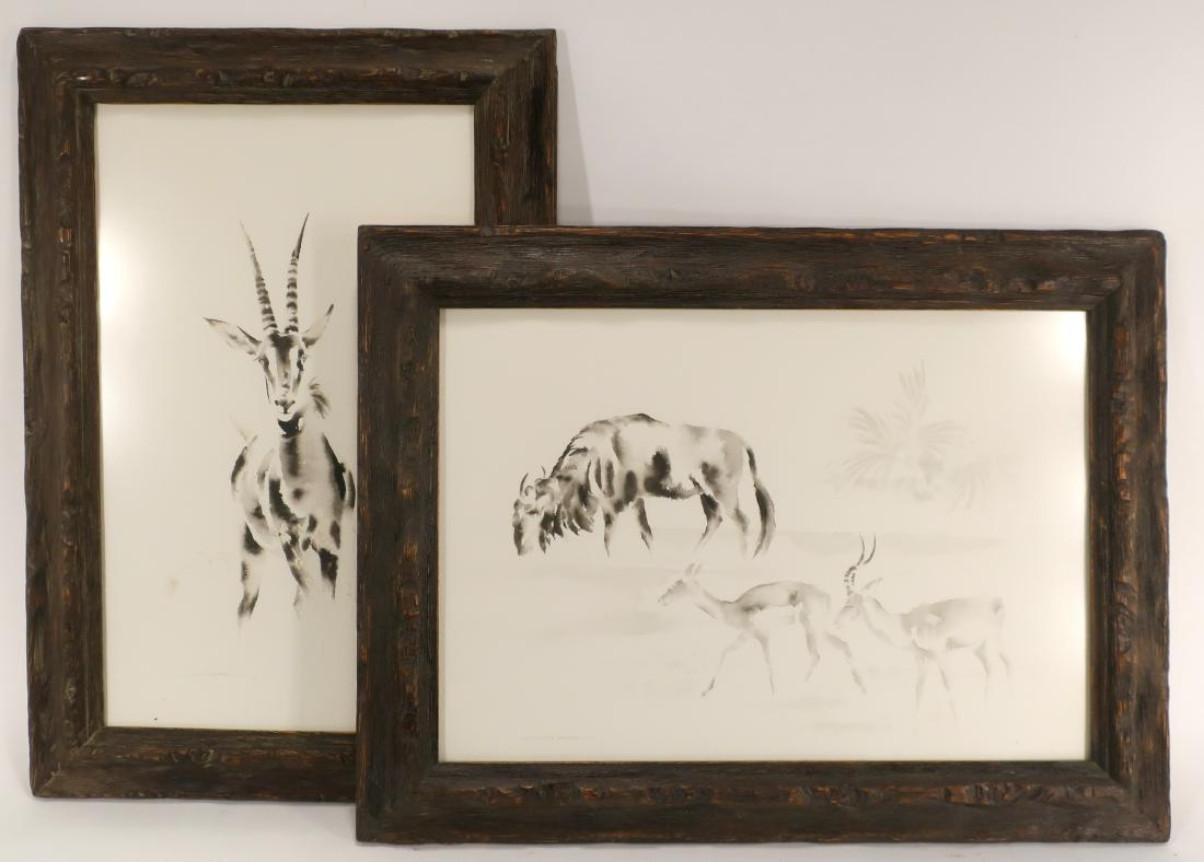 Clive Walker, S Africa, b 1936, Two Animal Studies: wo watercolor animal studies by South African artist and conservationist Clive Walker (1936 - ). Single gazelle signed and dated '70 in pencil, lower left. Two gazelles and wildebeest (?) signed in pe