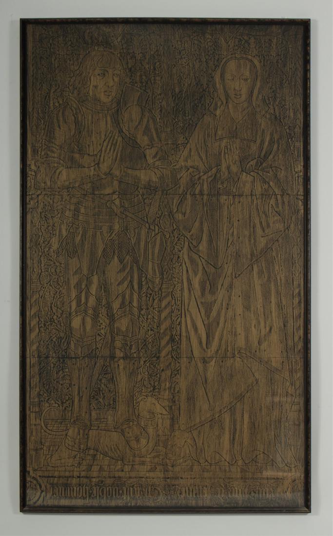 Large Decorative Tomb Rubbing - Knight and Lady: A large decorative reproduction of a medieval tomb rubbing on black and gold toned paper, framed under acrylic. 69" " x 41" W overall LCA486 TC