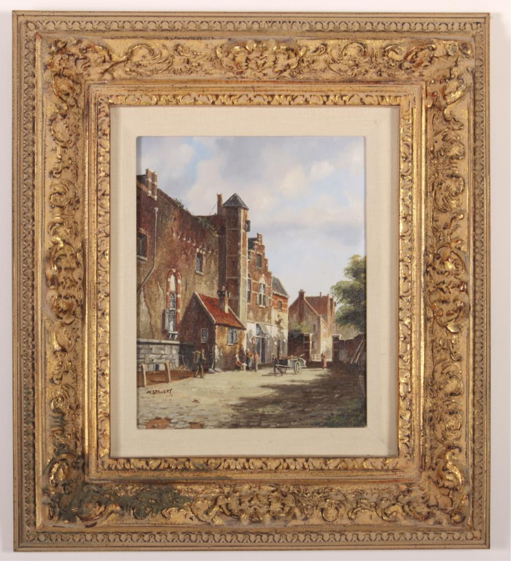 M. Stanley, 20th c., European Street Scene, O/C: M. Stanley, 20th c., European Street Scene, oil on canvas, signed. 10x8, framed 18x16 TCRE3008 TC