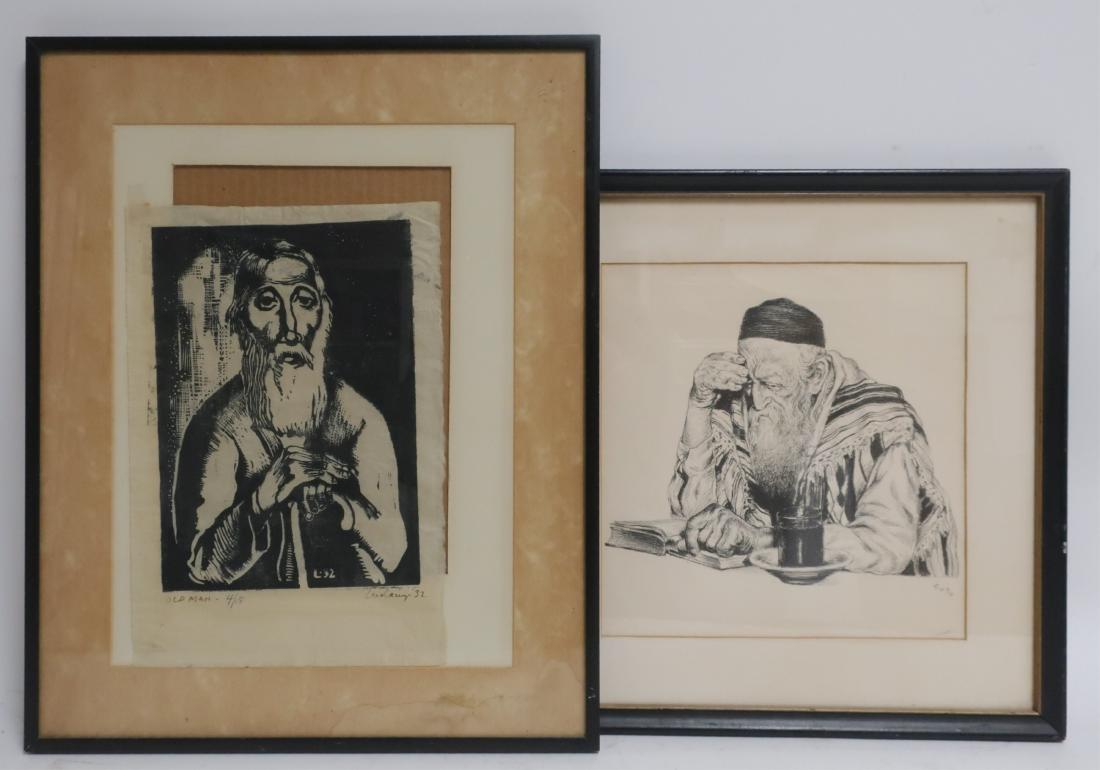 Two Black Ink on Paper; Solitary Figures: Woodblock on lightweight paper titled "Old Man", signed LR (illegible), edition # 4/15 appears written in ink. Second print seated man, focused on book, drinking glass to side on table, religious atti