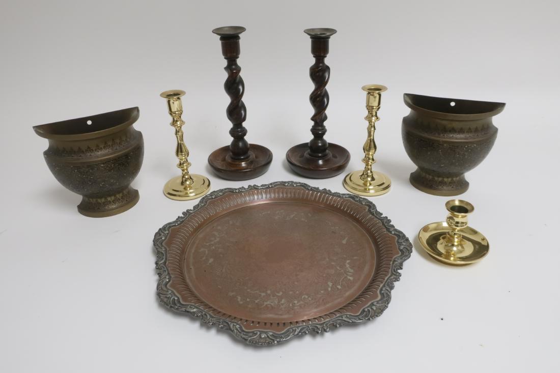 Lot of Metal/Wood Table Objects: Lot of Brass Enamel Painted Wall Pockets, Baldwin Candle Holders, Community Silverplate Tray, English Oak Barley Twist Carved Candle Holders Varies GORM4236 MM