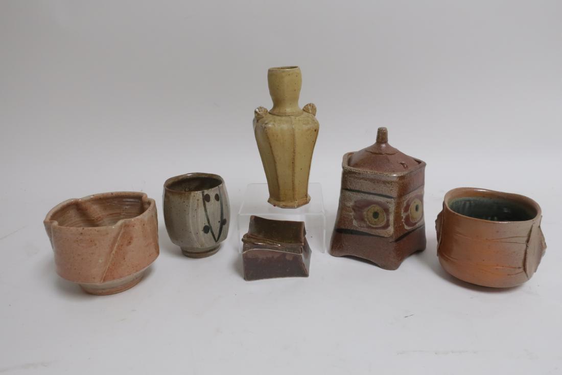 Studio Art Pottery, Various Forms; Oestreich, etc.: McKenzie Smith five sided lidded jar, arched segmented base; Frank Pitcher shino bowl, diagonal folds to body; Nicholas Seider bottle vase, faceted sides, seashell motif shoulder decoration; small ten