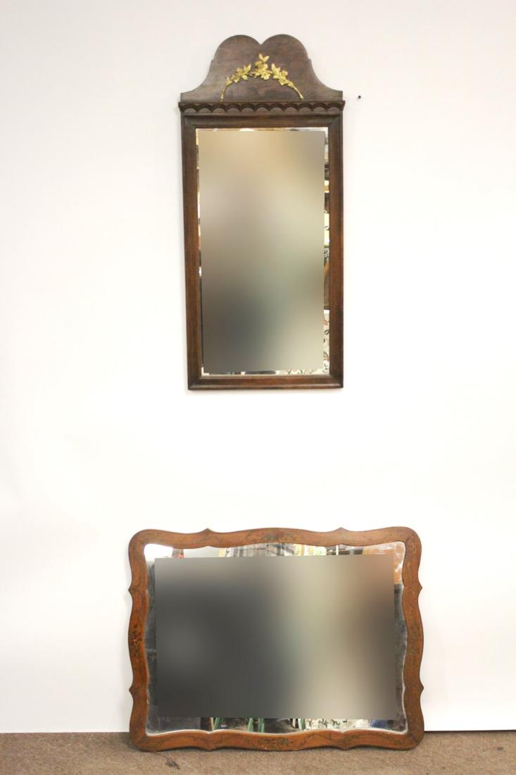 2 Mirrors, Gilt Metal, Floral: 2 mirrors, one with gilt metal floral spray, the other with floral paint decoration. 36.5 h by 17 w & 24 h by 32 w. LCA5538/2 wt
