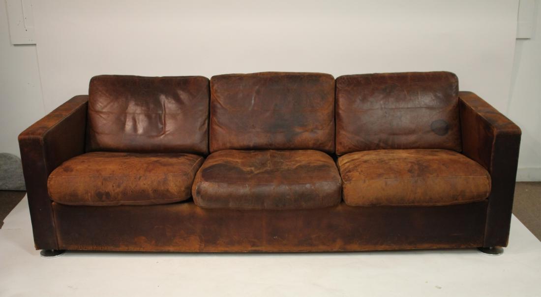 Philip Roth Studio Leather Stendig Sofa As Is: round chromed feet, cushion with Stendig tag. As found in Roth Studio. Ht: 24 Width: 85" Depth: 32" Property from the estate of Philip Roth. Philip Roth was born in Newark New Jersey on 19 March, 1933