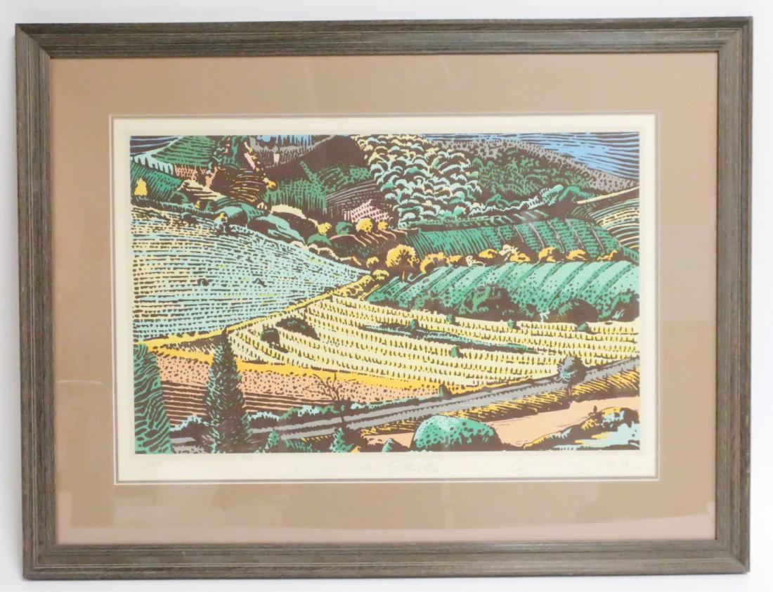 Milton Glaser b. 1929 "View Near Greve" Serigraph: Milton Glaser, American; b. 1929, "View Near Greve", Serigraph, hand numbered and signed 200/300, as hung in Philip Roth's front hall. NOTE: Glaser designed the covers for a number of Roth's novels. 1