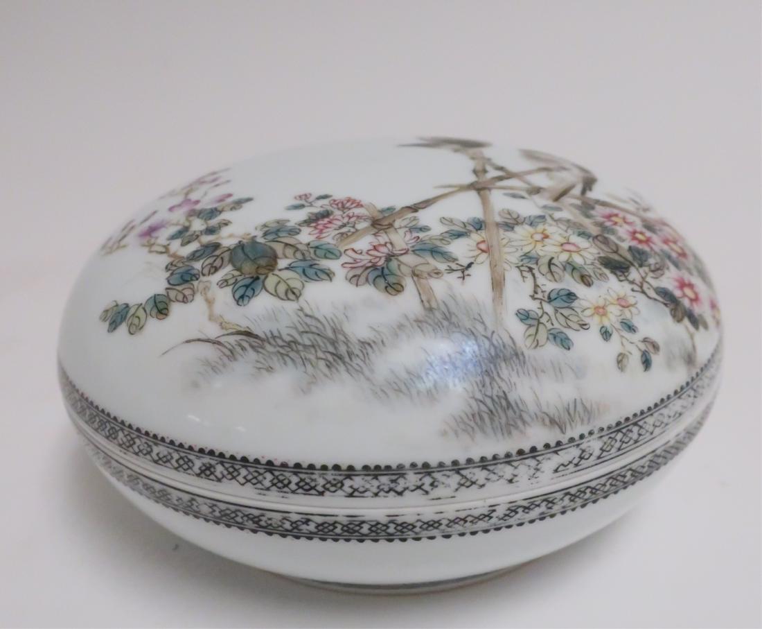 Chinese Porcelain Lidded Box: Cover with calligraphy, flowers, and birds. 4 H x 7.25" diam (PINC8240)(WT)