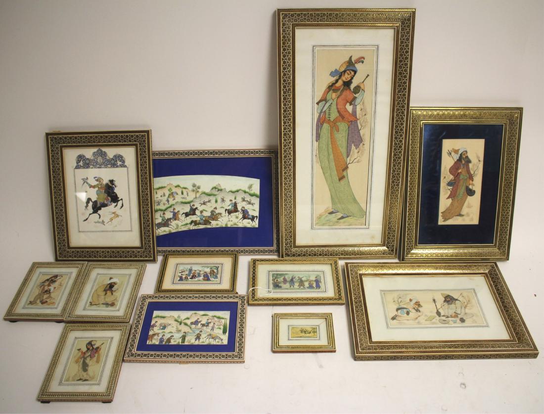 12 Persian Works, 6 H. Ali Sajjadi Miniatures: H. Ali SAJJADI , Isfahan, 20th C., 6 works, some miniatures, along with along with 5 additional Persian pieces all in Marquetry inlaid frames. Framed from 3 3/4 x 4 3/4 to 21 3/4 x 10 3/4 Property fro