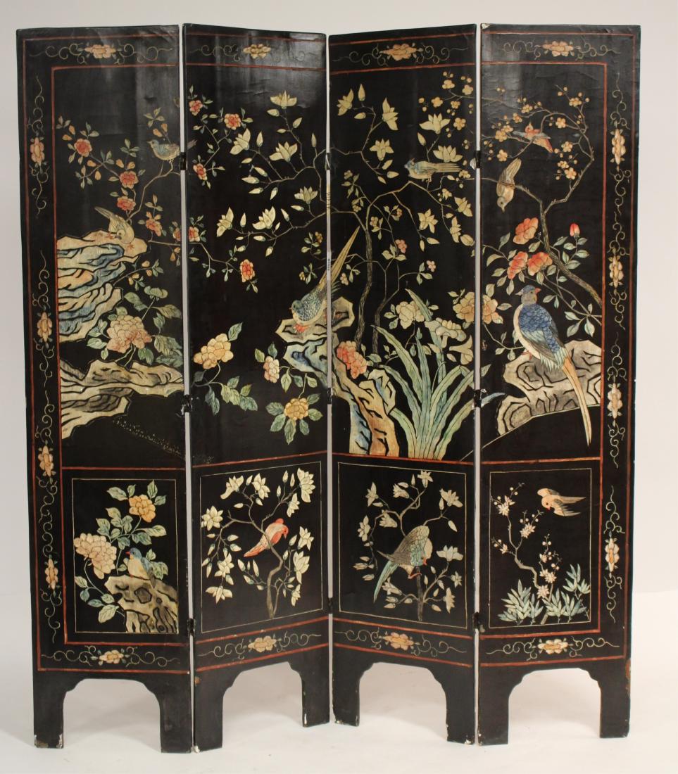 Chinese 4 Panel Coromandel Screen: Figures and pagodas on one side, birds and flowers on the other 72 H x 16 W (each panel) Property from the Estate of Rosalie Coe Weir (ROCO8108)(WT)
