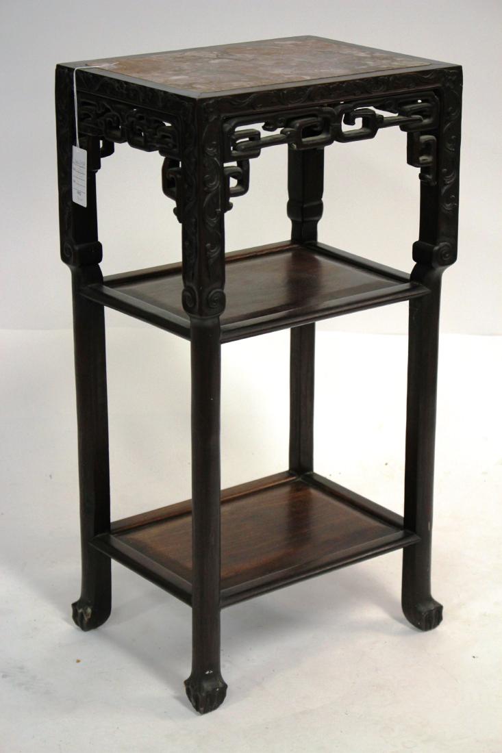 Tiered Chinese Rosewood and Marbletop Taboret: Two Tiered Chinese Rosewood Taboret Stand with Rouge Marble Inset Top and Claw feet, c. 1920. 32" H x 16.5" W x 12" D (DHEN8159)(TC)