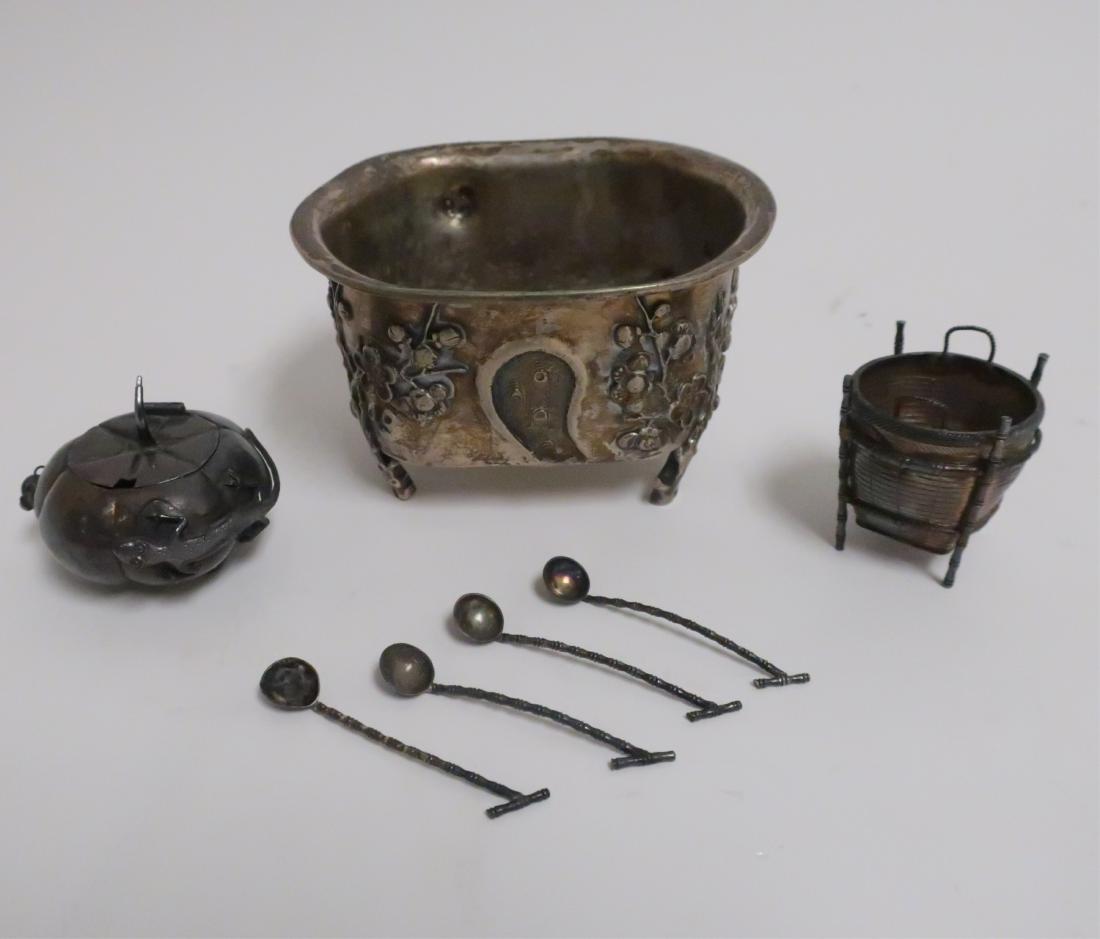 Chinese and Chinese Export Silver: An Art Nouveau-style footed footed bowl by Ning Zhao Ji for Taylor & Company, a small melon-form lidded bowl with an applied lizard stalking a beetle, a small footed basket-form handled bowl with bamb