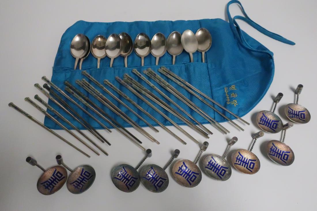 2 Sets Korean Silver Plate Enamel Flatware: 10 spoons/dishes with blue Chinese symbol. 20 Chop sticks and 10 large spoons with blue/green floral enamel handles (30 pcs) 3" long and 8-8.5" long (BSI8607/30)(wt)
