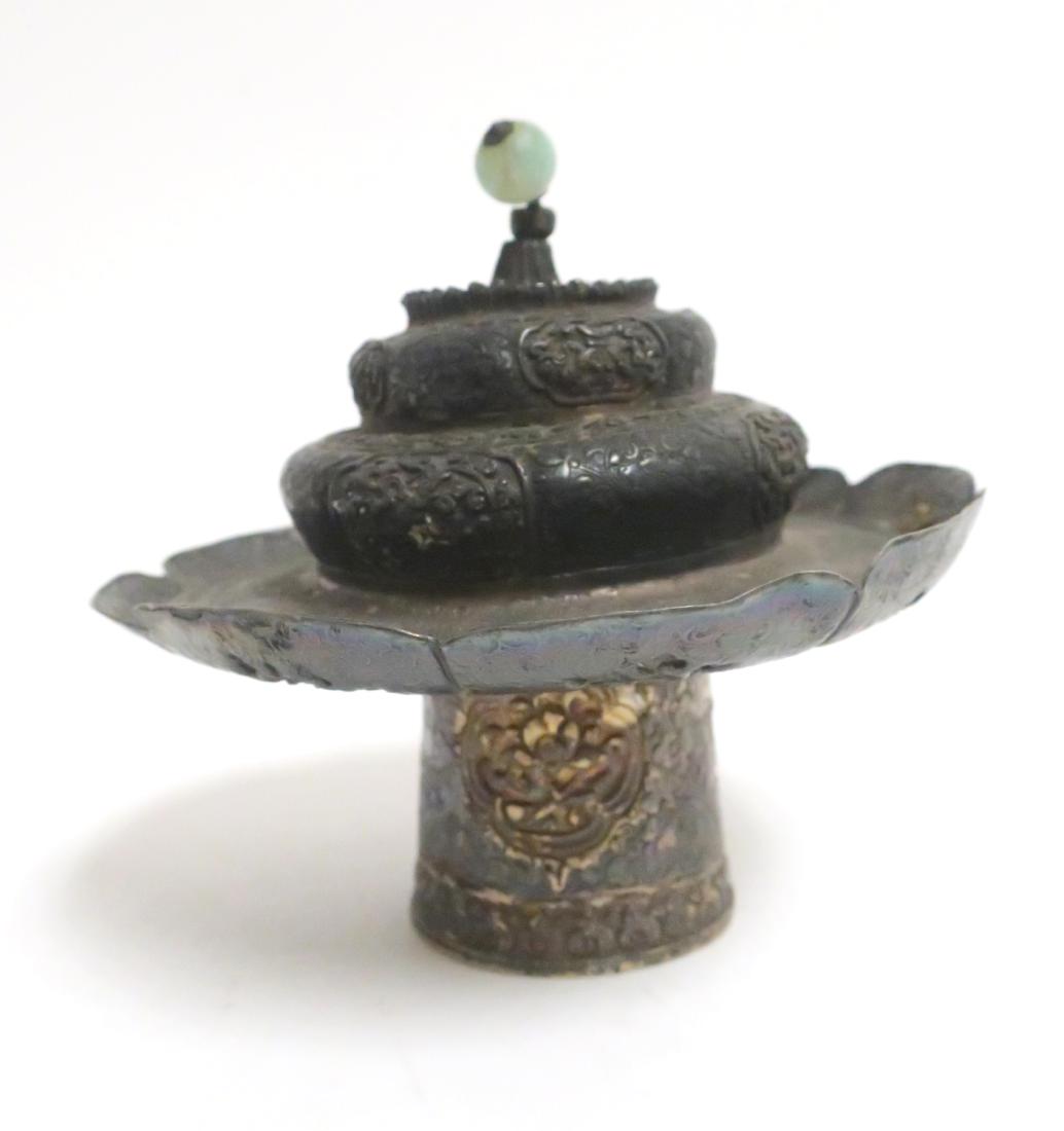 Sino-Tibetan Butter Lamp and Assoc. Cover: possibly silver the bottom 5.25" diameter Property from the Estate of Rosalie Coe Weir (ROCO8176/2)(TC)