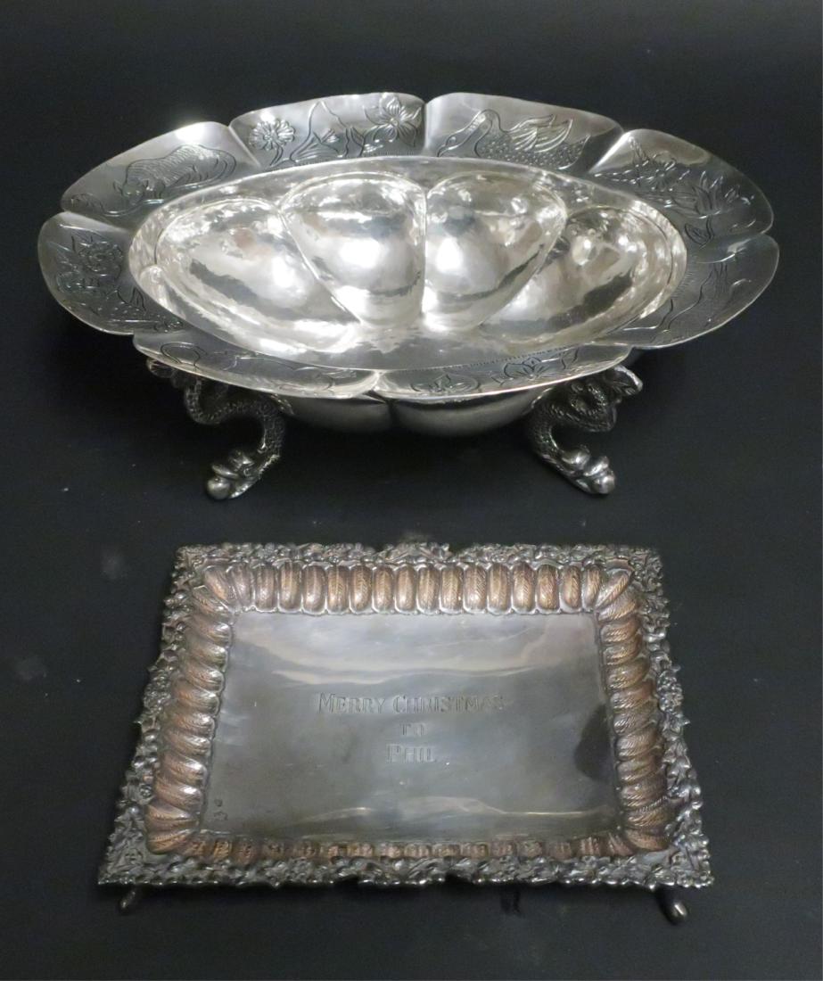 Two .800 & .900 Moroccan & Spanish Silver Dishes: Moroccan bowl with serpent legs, marked Azilan 900. Rectangular Spanish dish inscribed. 30 ozt. 3.25 H x 10.5 L and 7.75 W x 4.75 X 6.5 (QPECK8494/2)(WT)