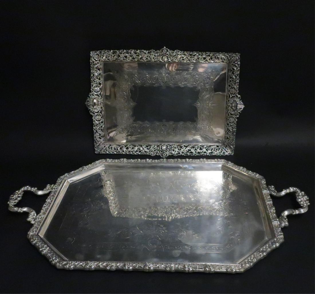 Ornate Late 19th C. Victorian Silverplate Trays: One rectangular with bun foot another octagonal with handles, rectangular tray possibly William Hutton & Sons, c.1880-85 31 x 18 and 21 x 13 1/2 (DWYL8727/2)(MM)