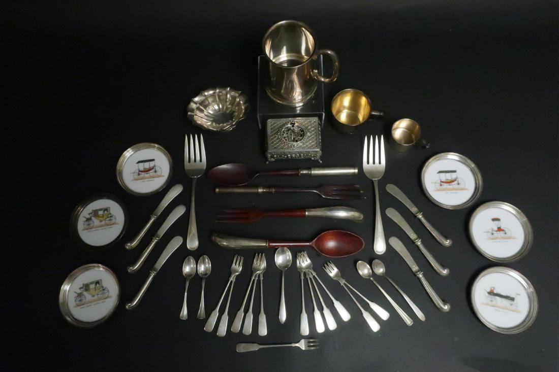 Group of 20th C Sterling Flatware, Mugs, Etc: Includes 12 cocktail forks, 6 English pistol handle butter knives, 6 salad & regular serving forks & spoons, 3 cups/mugs, 6 coasters, bowl, music box, 5 small odd spoons. Weighable silver: 24 ozt. Exc