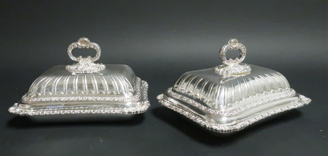 Wm. Hutton & Sons Entree Dishes, c.1885: Pr. of William Hutton & Sons Victorian Silverplate Lidded Entree Dishes, marked 6 1/2 x 11 x 8 (DWYL8674/2)(MM)