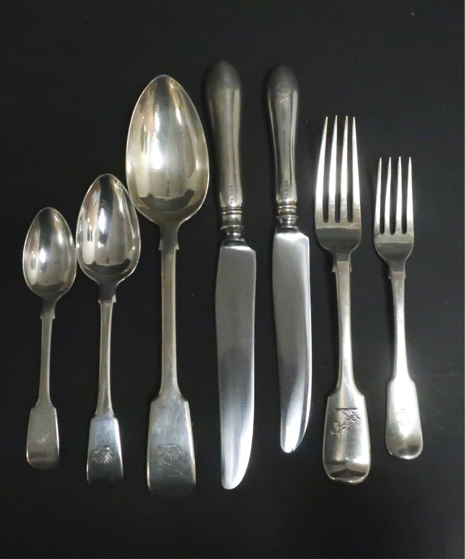 Victorian Silver Flatware - Various Dates & Makers: 19th c with 20th c knives, various dates and makers. Fiddle pattern with crown armorial. 10 table spoons, 13 dinner forks, 11 dessert spoons, 12 tea spoons, 11 dessert/salad forks, 11 dinner knives, 1