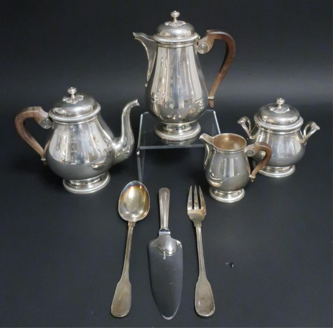 Christofle Tea Coffee Service and Servers: 7 pieces plus the lid of the sugar bowl, all marked coffee pot 9.25" H. serving spoon10" L Property from the Estate of Ines Bausili (ABAU8187/8)(TC)