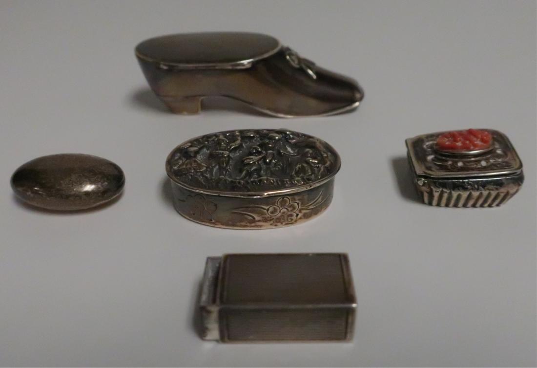 4 Silver Small Boxes plus one Tiffany & Co.: One box is Tiffany & Co silver "Worry Bead" , various markings .915, 935 & 925 & unmarked. (5 Pcs) 3.7 ozt Largest Shoe; 3 l by .75 h Property from the Estate of Ines Bausili (ABAU8683/5)(wt)
