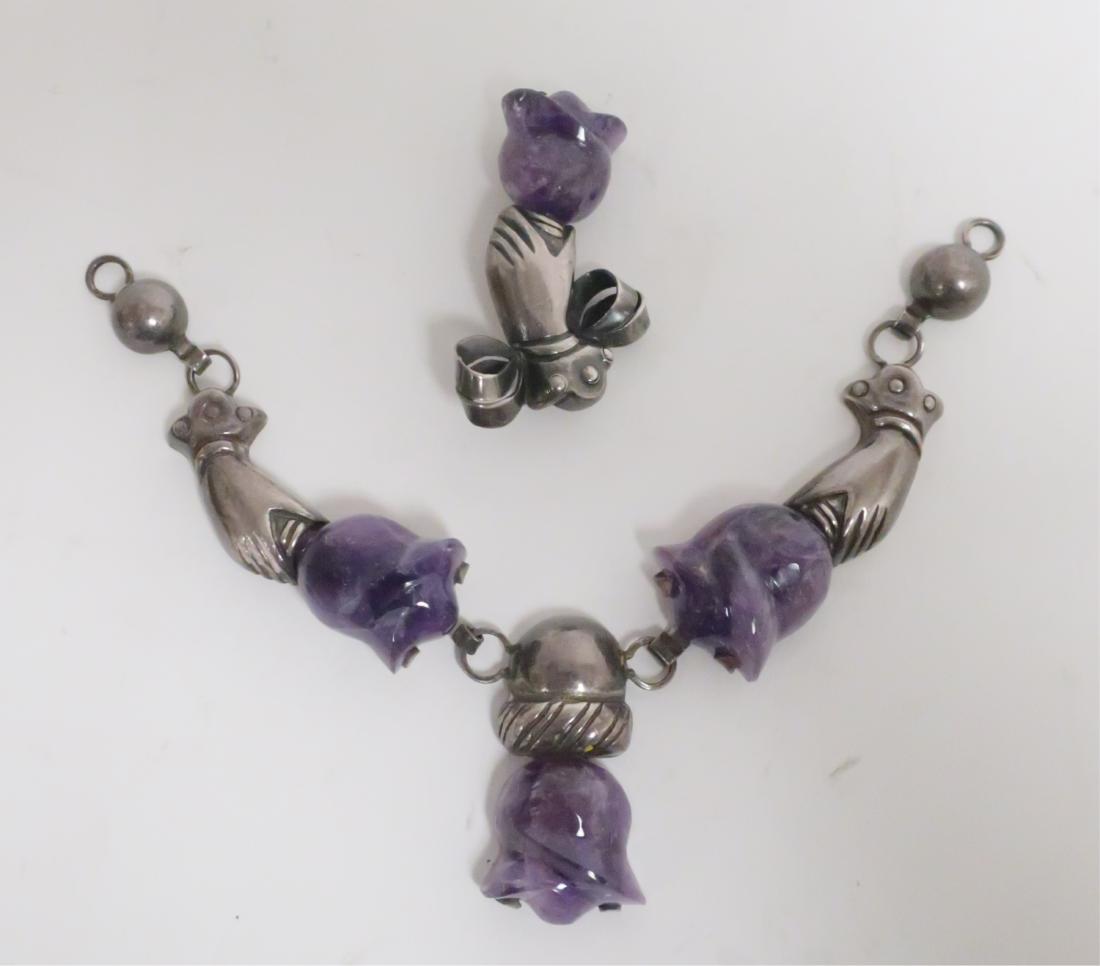 William Spratling Sterling and Amethyst Jewelry: William Spratling, Am., 1990-1967,Sterling and Amethyst Friendship Necklace Pendant c.1945 and Friendship Brooch c.1949-51 Pendant 8 " x 2 ", Brooch 2 1/2 x 1 1/2 (LINA8548/2)(MM)