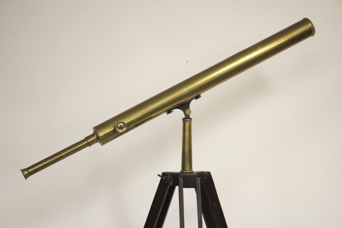 19th c. Bardou Paris Brass Standing Telescope: with a long and short slide in tube with lens main tube 38" L, adjustable original tripod currently at 62" H (PERR87)(TC)