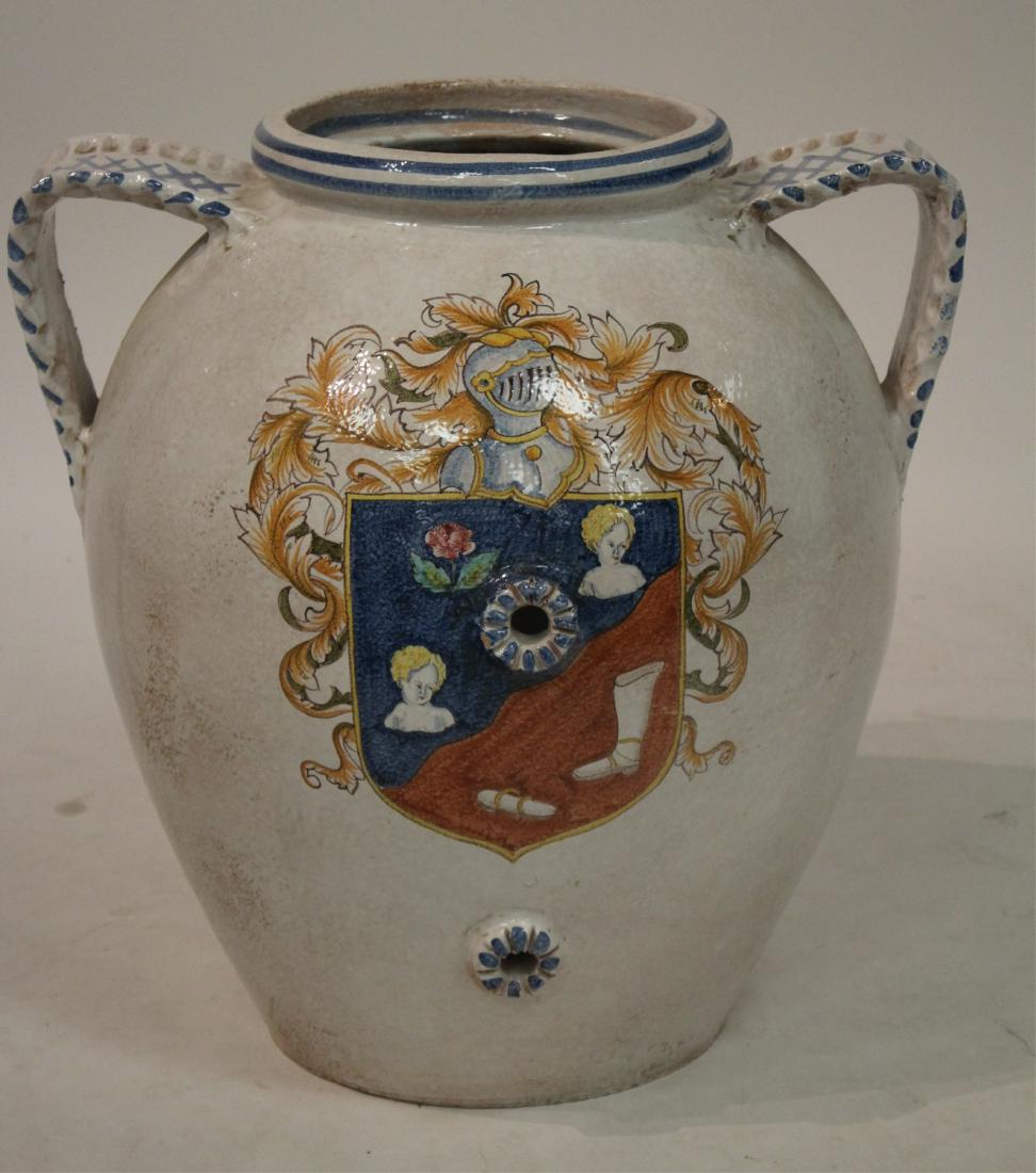 Large Hand Painted Porcelain Handled Urn Vase: Large Hand Painted Porcelain Handled Urn Vase, decorated with shield and armored soldier 22 x 22 x 19 (JDRU8554)(MM)