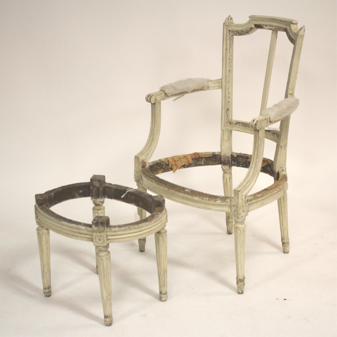 Louis XVI Chair & Footstool Frame, Circa 1800: Chair frame; 22 w by 34.5 h by 19 d Stool frame; 19 w by 14.5 d by 15 h. (MTKI8301/2)(scl)