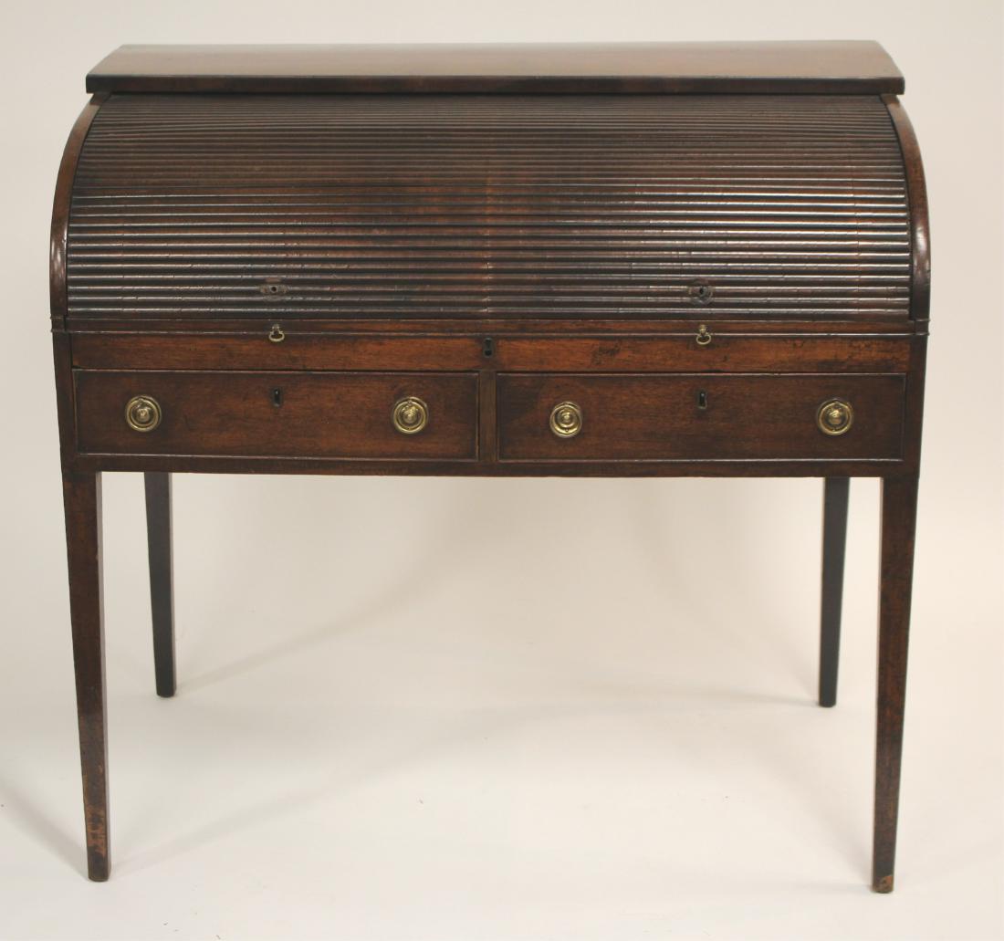 George III Mahogany Tambour Roll Top Desk: George III Mahogany and Satinwood Tambour Roll Top Desk, c. 1800, banded drawers, sliding desktop with leather inset lift top, sides with fitted pen and ink compartments, desk interior fitted with sat