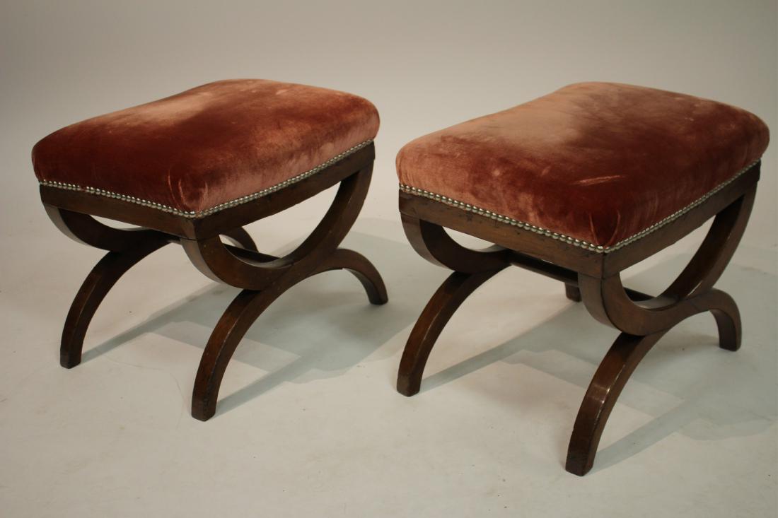 Pr. Biedermeier Fruitwood Stools, 19th c.: Curule form, rose velvet upholstery. 16.5 h by 18 l by 14 d Property from the Estate of Jo Sullivan Loesser (FJLO8696/2)(wt)