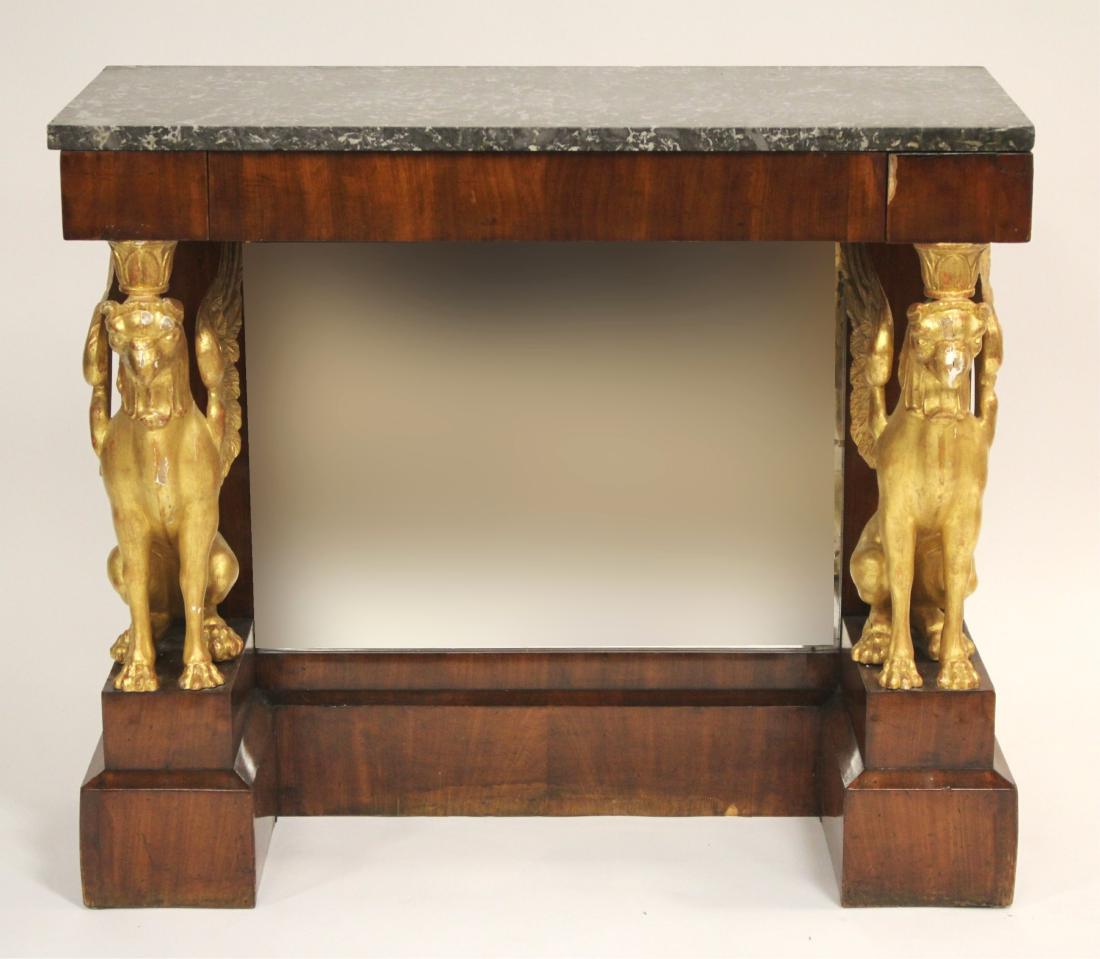 French Empire Mahogany Pier Table, 19th C.: French Empire Mahogany Marble Gilt wood Pier Table, 19th C., flanking gilt carved gryphons, mottled black marble top 35"H x 39"W x 17"D (MTKI8382)(MM)