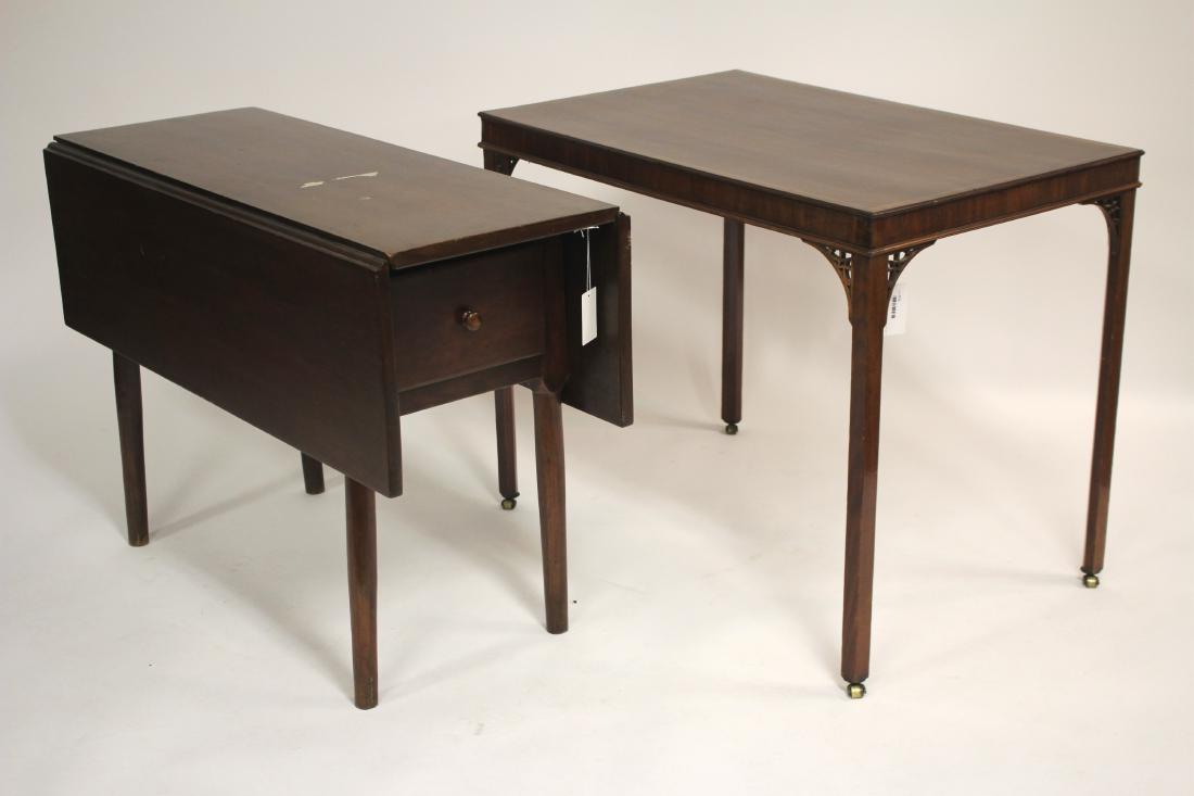Chippendale Tea along with American Cherry Table: 19th C. Chippendale Style Mahogany Band Inlaid Tea Table on casters along with American Cherry Drop Leaf Table with 2 Storage drawers Tea Table: 28"H x 35"W x 23"D, Drop leaf: 27"H x 39"W x 16"D, open