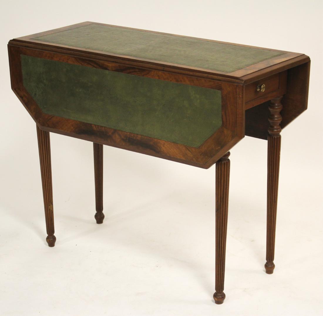 Walnut and Green Leather Drop Leaf Writing Table: with two working drawers, octagonal with leaves up, English, e. 20th c. open 36" x 36", closed 14.5" D x 36" W, 29" H (PMCM8195)(TC)