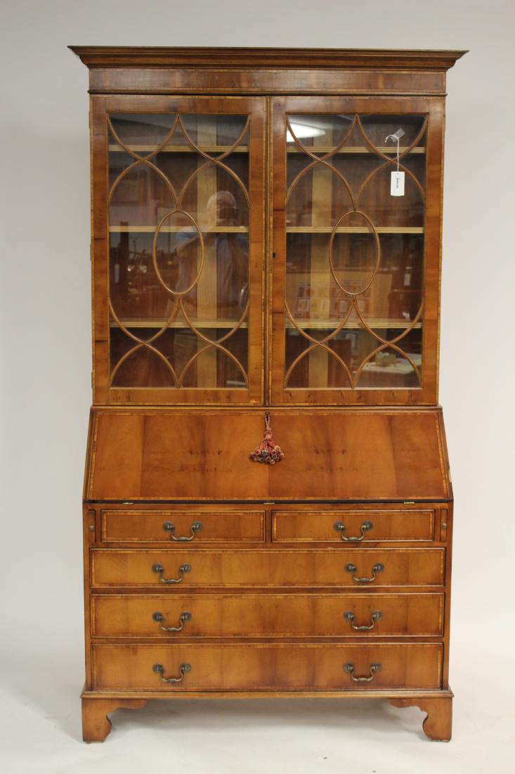 English Reproduction Yew Wood Secretary: English Reproduction Yew Wood Secretary, desk interior with tooled leather top and fitted compartments 83"H x 45 1/2"W x 20"D (JBRO8264)(MM)