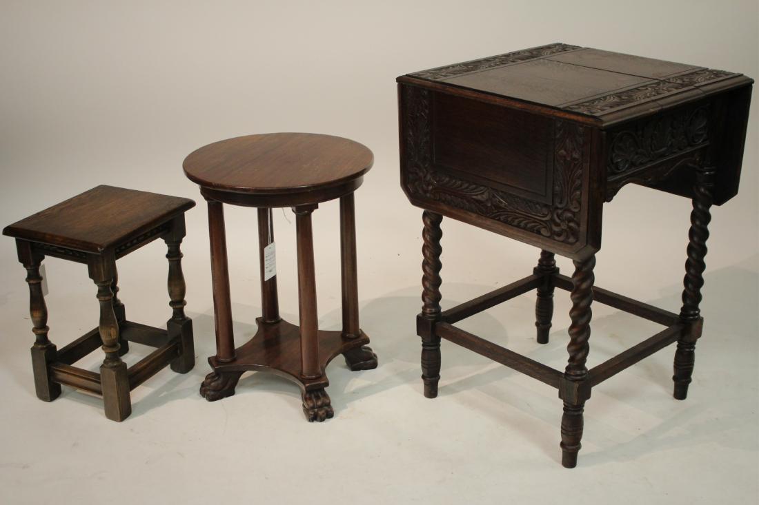 3 Wooden Occasional Tables, 20th C.: 3 Wooden Occasional Tables, 20th C., includes a round empire style table, a small square oak table and a carved oak top drop leaf table with spiral carved legs round 21 x 17, small oak 17 x 13 x 11, d
