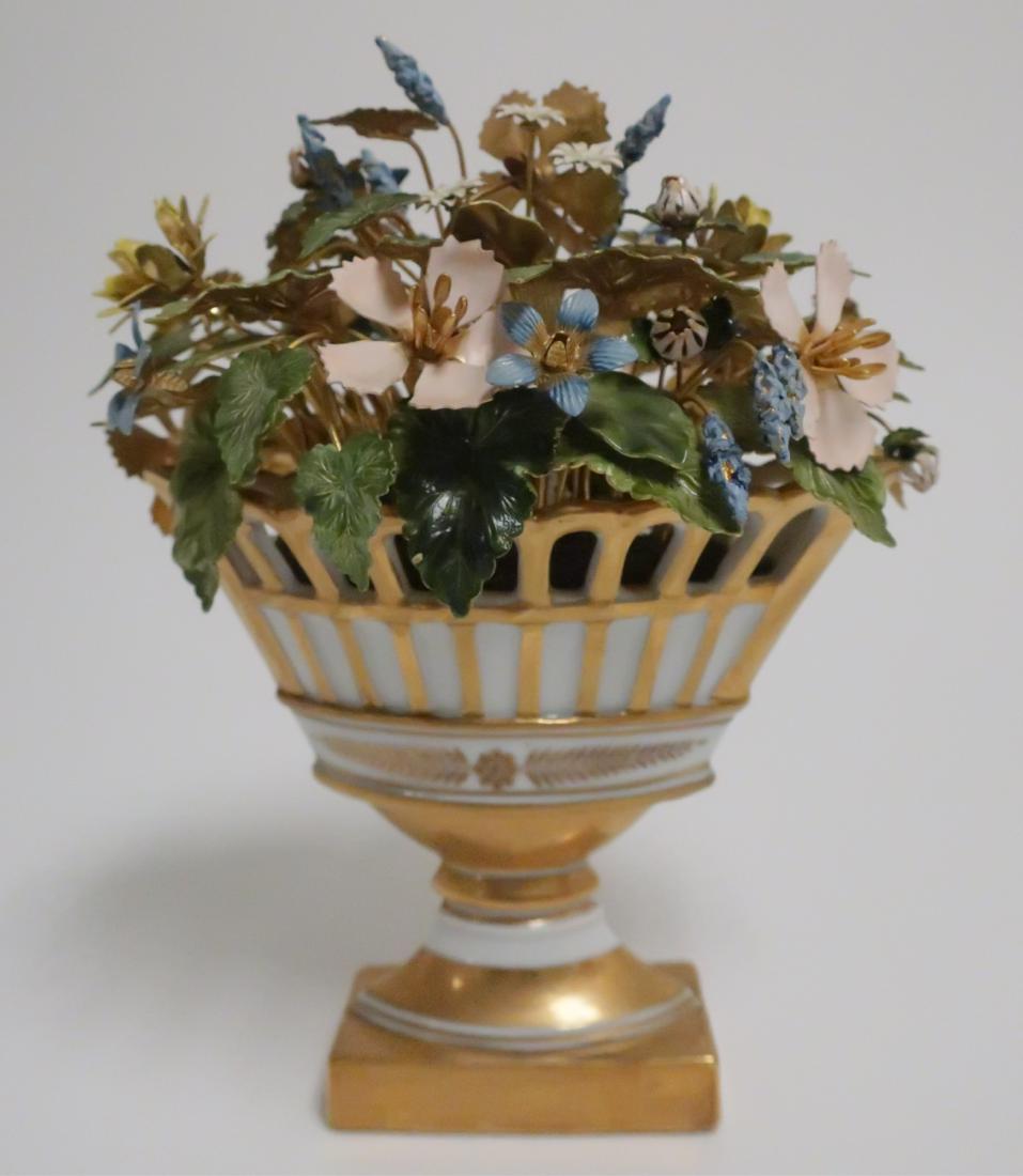 Jane Hutcheson Enameled Flowers in Porcelain Urn: for Gorham, the flowers enameled on steel, in an Old Paris-style white and gilded urn, signed beneath 7" H x 6.6" W x 4" D (PMCM8196)(TC)