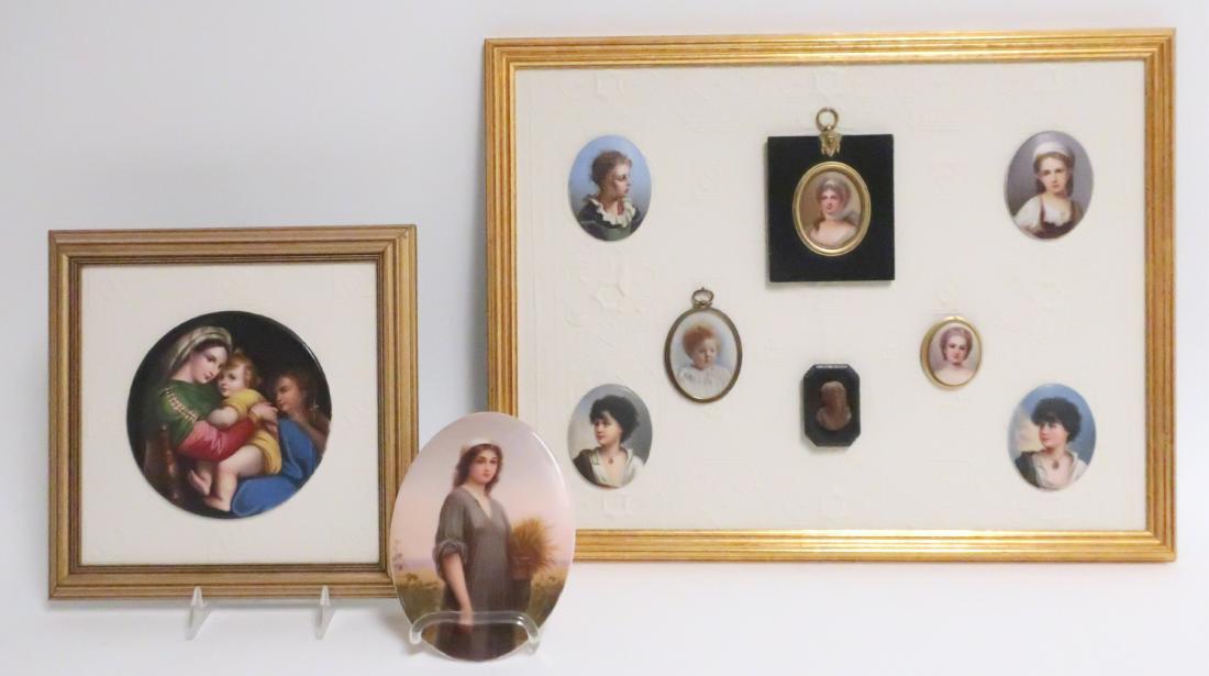 Collection Hand-Painted Porcelain Plaques c. 1900: A collection of hand-painted porcelain plaques and other pieces, notably a German hand-painted and signed oval plaque of Ruth with wheat sheaves, marked MR verso: a framed round plaque after Raphael, 