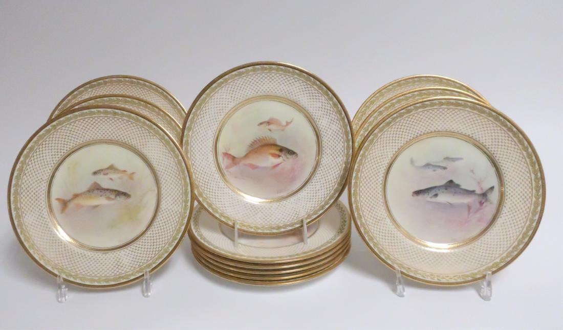 12 Royal Daulton Porcelain fish Plates: Hand painted with various fish, signed & type of fish identified on the back of each plate 9.25" diameter Property from the Estate of Rosalie Coe Weir (ROCO8038/12)(WT)