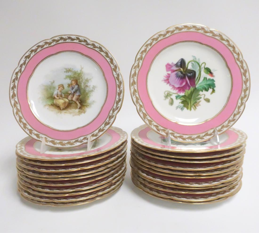 23 French Porcelain Plates, 19th C.: Marked Jacquel, Rue de la Paris. 12 hand painted with flowers and 11 with children 9.5" diameter Property from the Estate of Rosalie Coe Weir (ROCO8464/23)(WT)