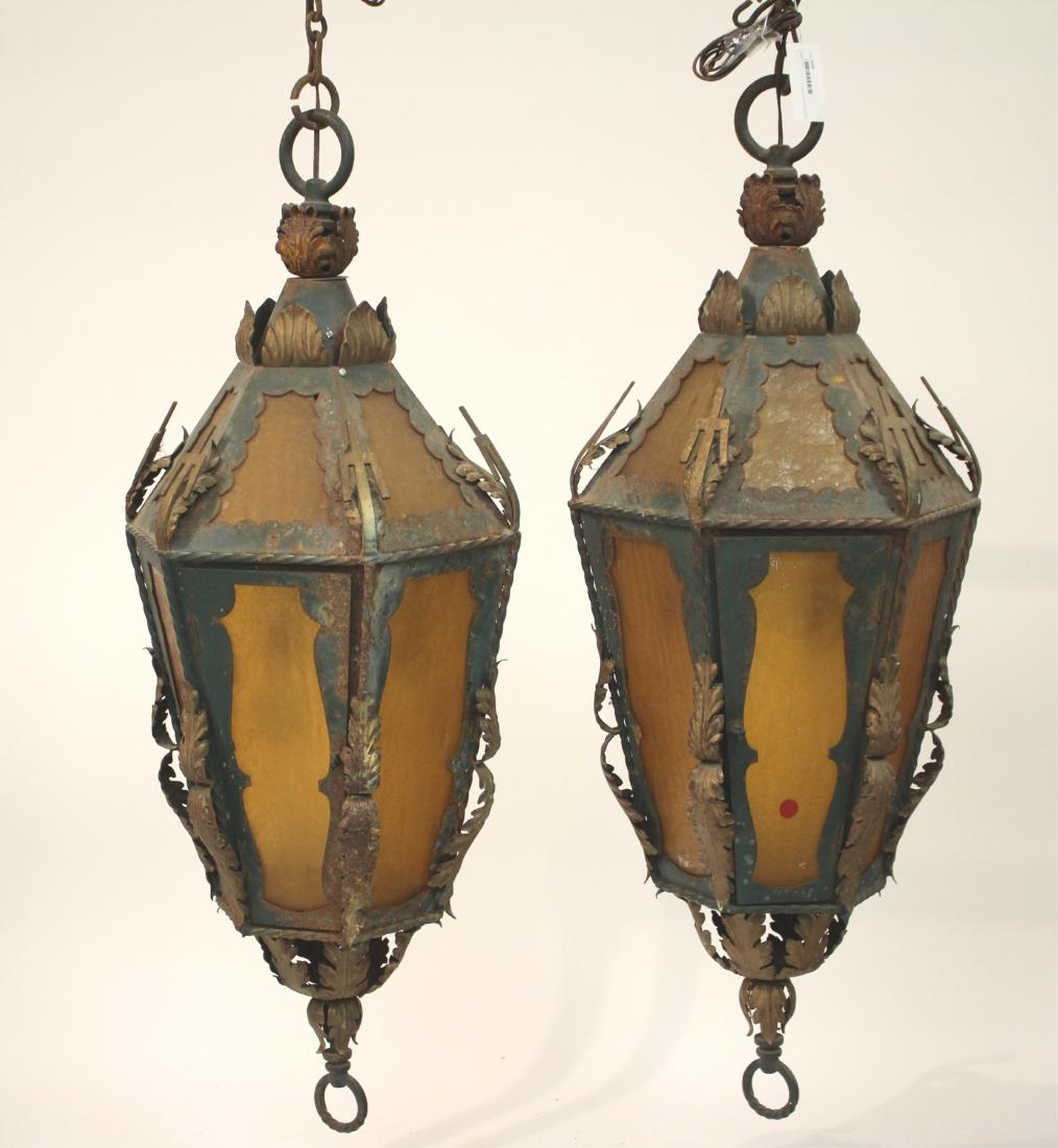 Pair Italian Rococo Style Tole Hanging Lanterns: Pair of Italian Rococo Style Tole Hanging Lanterns, c.1910-1920, 4 light , green painted with golden colored glass 45"H x 18"W (ESYK8359/2)(MM)