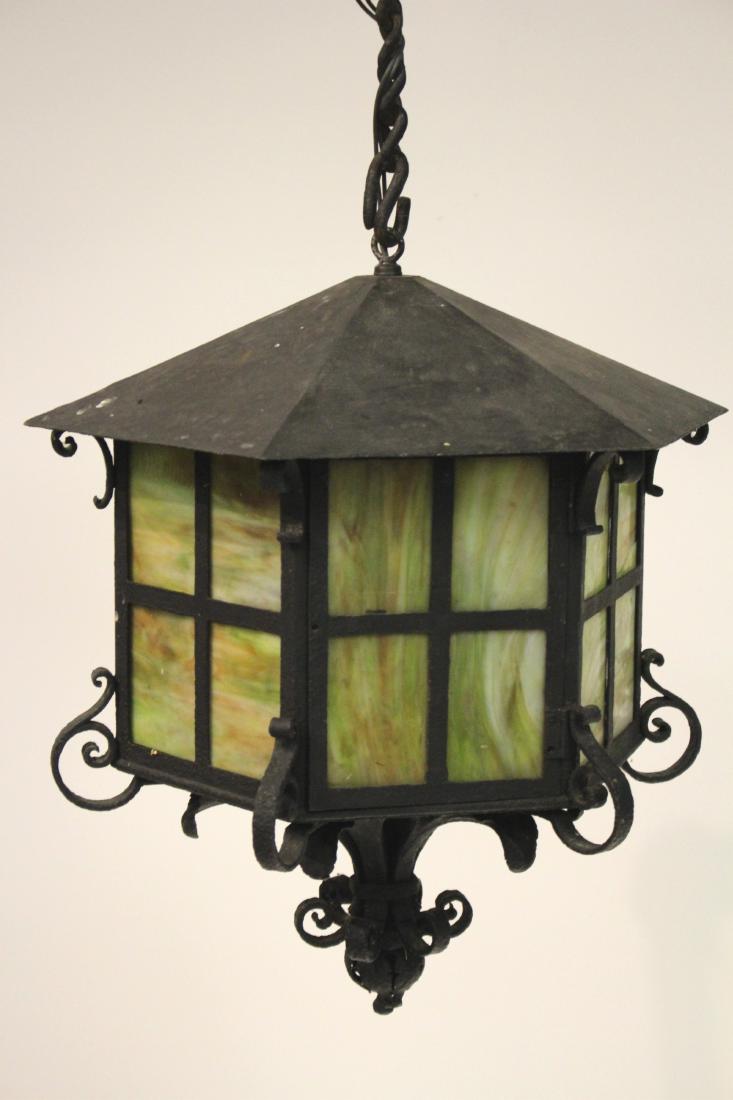 Arts & Crafts Iron/Metal/Glass Hanging Light: Arts and Crafts Hammered Black Painted Cast Iron and Slag Glass Hanging Light Fixture, L 19th - E. 20th C., one light Very Heavy, 24"H x 22"W , 26" chain drop and 6"W canopy (ESYK8360)(MM)