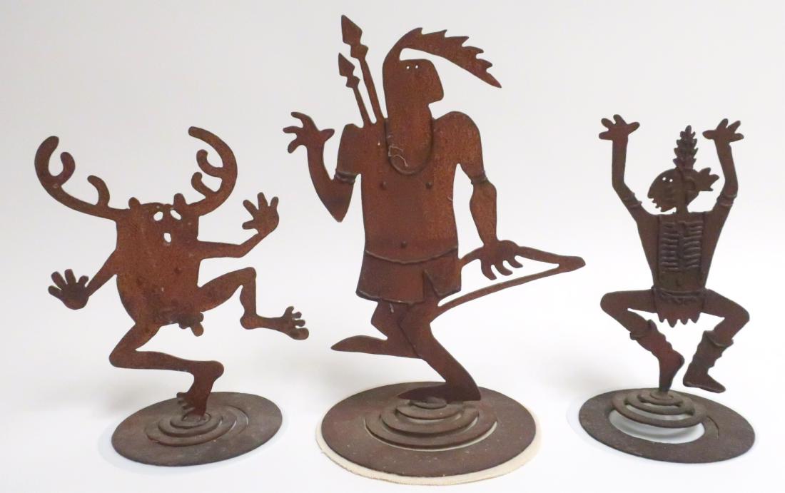 “Pozzi” Franzetti active Taos, 3 Sculptures: Rosemary “Pozzi” Franzetti, American, active Taos, 1953-2012, three rust-patinated steel kinetic Southwest-themed sculptures, unsigned. PROVENANCE: from the estate of a former owner of the Quail R
