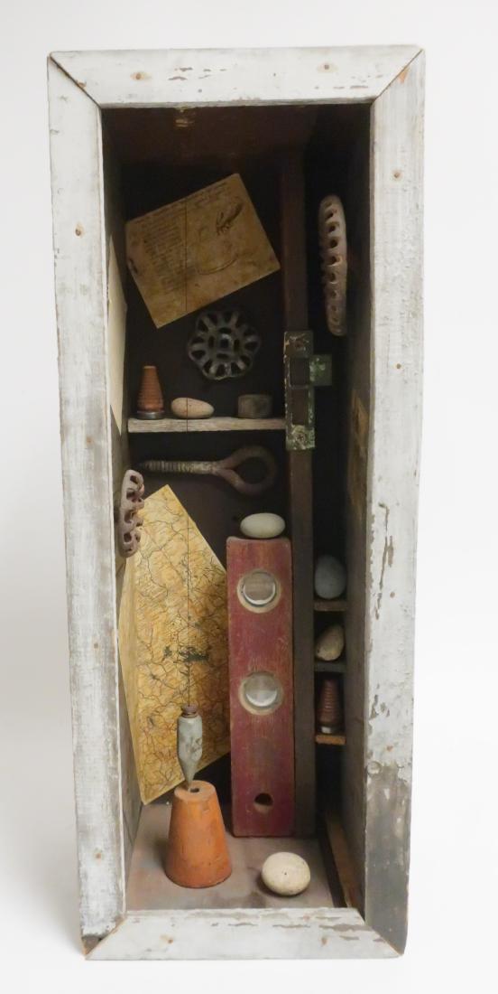 Style of Joseph Cornell, 20th C.,assemblage: In the Style of Joseph Cornell, 20th C., Balance, mixed media, assemblage, by artist Julie Schieffelin, https://www.julieschieffelin.com/ 28 1/2 x 11 x 9 (ESYK8435)(MM)