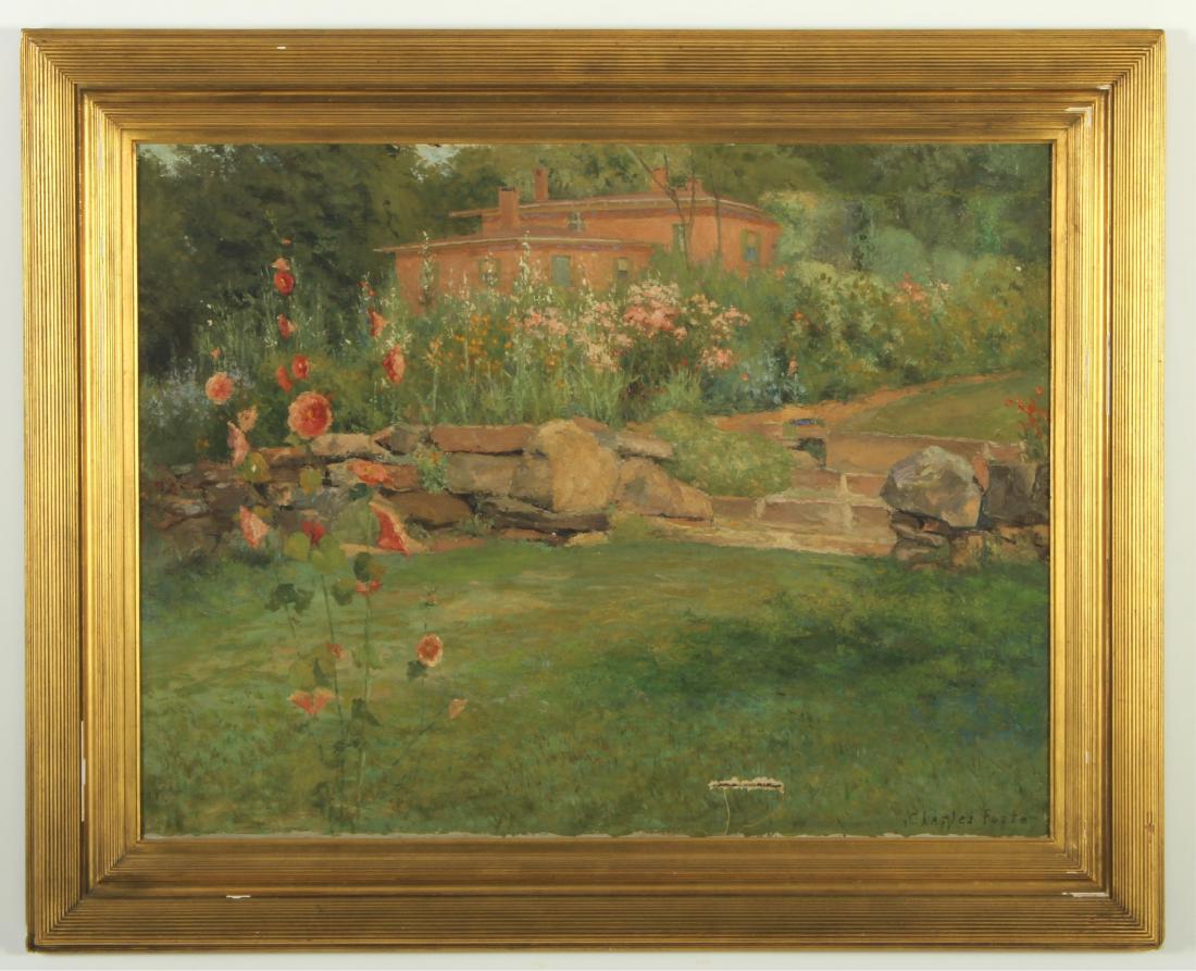 Charles Foster, House and Garden Scene O/C: (Amer. 1850-1931). Signed LR. Framed. sight 21.5"H x 28.5 framed 29 x 35.75 Property from the Estate of Rosalie Coe Weir (ROCO8576)(JP)