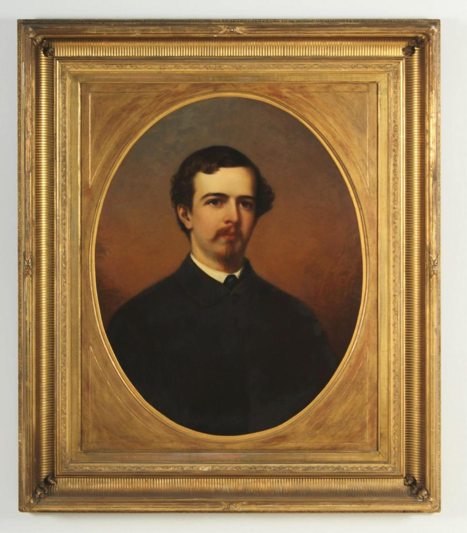Manneville Elihu D Brown, Portrait of Gentleman: Manneville Elihu D Brown (American 1810 - 1896) Portrait of a gentleman -- Peck/Curran family member. Oil on canvas. Unsigned. "MED Brown P.T 1865" 29 x 23. FramedL 42 x 36 (QPECK8217)(WT)