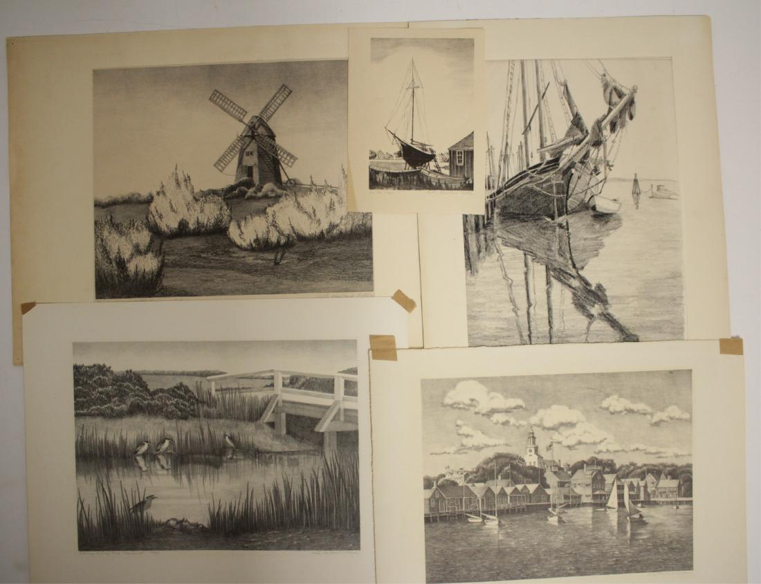 Ruth Haviland Sutton - 5 Works: Ruth Haviland Sutton, Am.,1898-1960, 4 Lithographs, 1 Drawing of Boat along Dockside,charcoal/pencil on paper, all signed Drawing 14 x 10, lithographs vary Property from the Estate of Rosalie Coe Weir