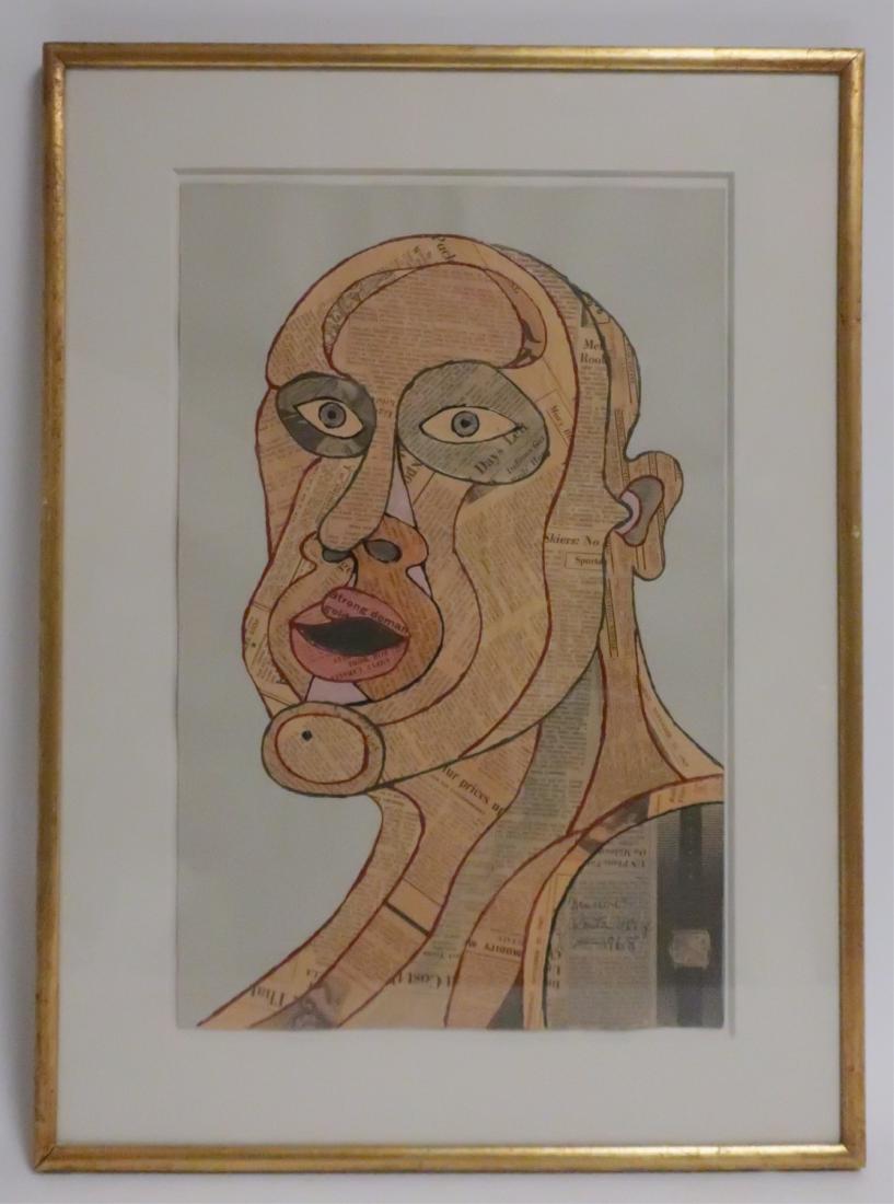 Alex Kosta (1925-2005) "Man Alone" W/C & Collage: Collaged newsprint emphasized with painted outlines. Signed and dated in pen/ink LR. Makler Gallery (Phila.PA) label verso. Double thick mat; wood frame w/ gilt face edge. visible paper size 19.5"H x
